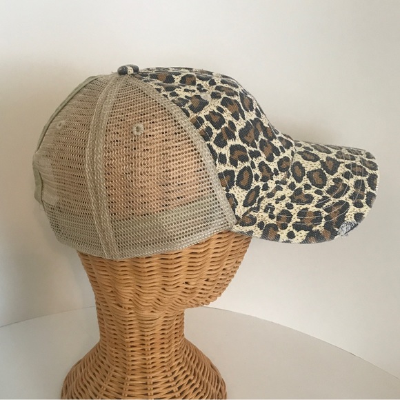 Distressed Canvas, Mesh Back Ponytail Hat Adjustable. Leopard Print New! - Picture 9 of 12